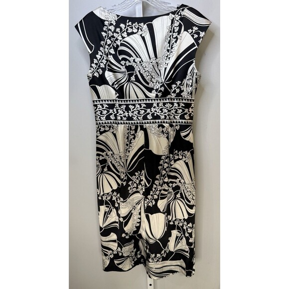 Maggy London Women’s Size 6 Black White Floral Print Sheath Dress Cap - Picture 2 of 8